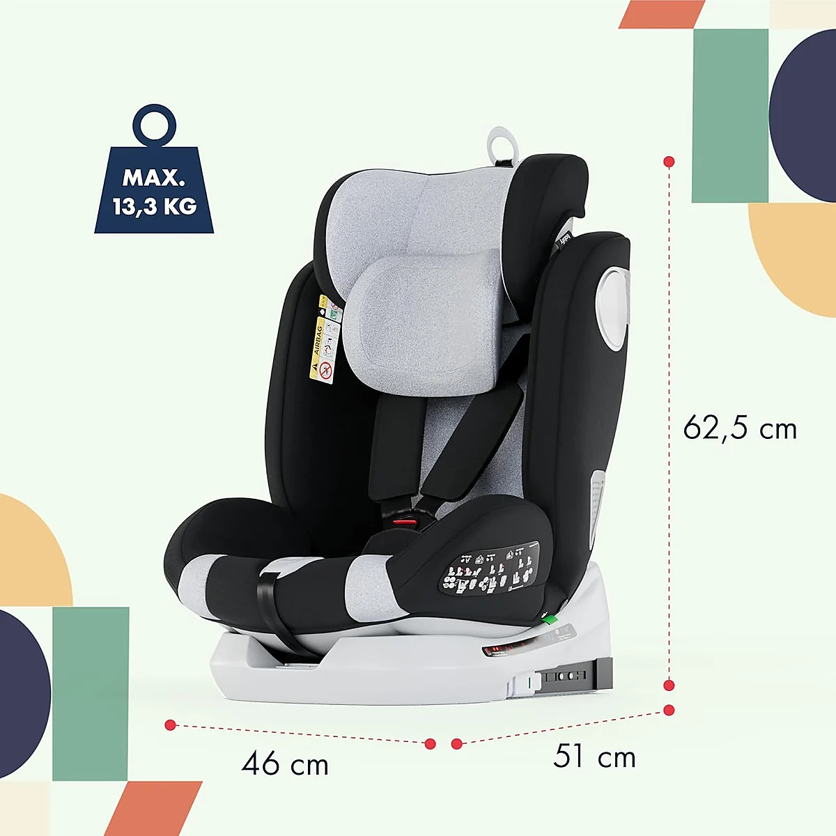 Medidas de la silla Babify Onboard 360 i-Size R129 46 cm de ancho 51 cm de fondo y 62,5 cm de alto