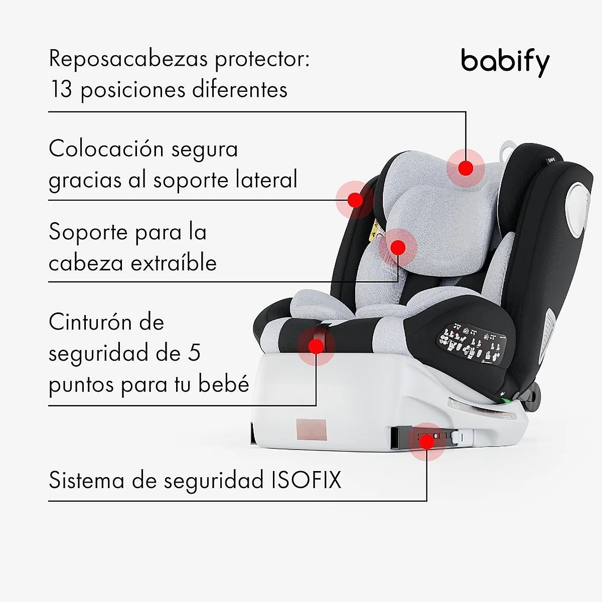 Babify Onboard 360 con Isofix protección lateral reposacabezas y arnés de cinco puntos