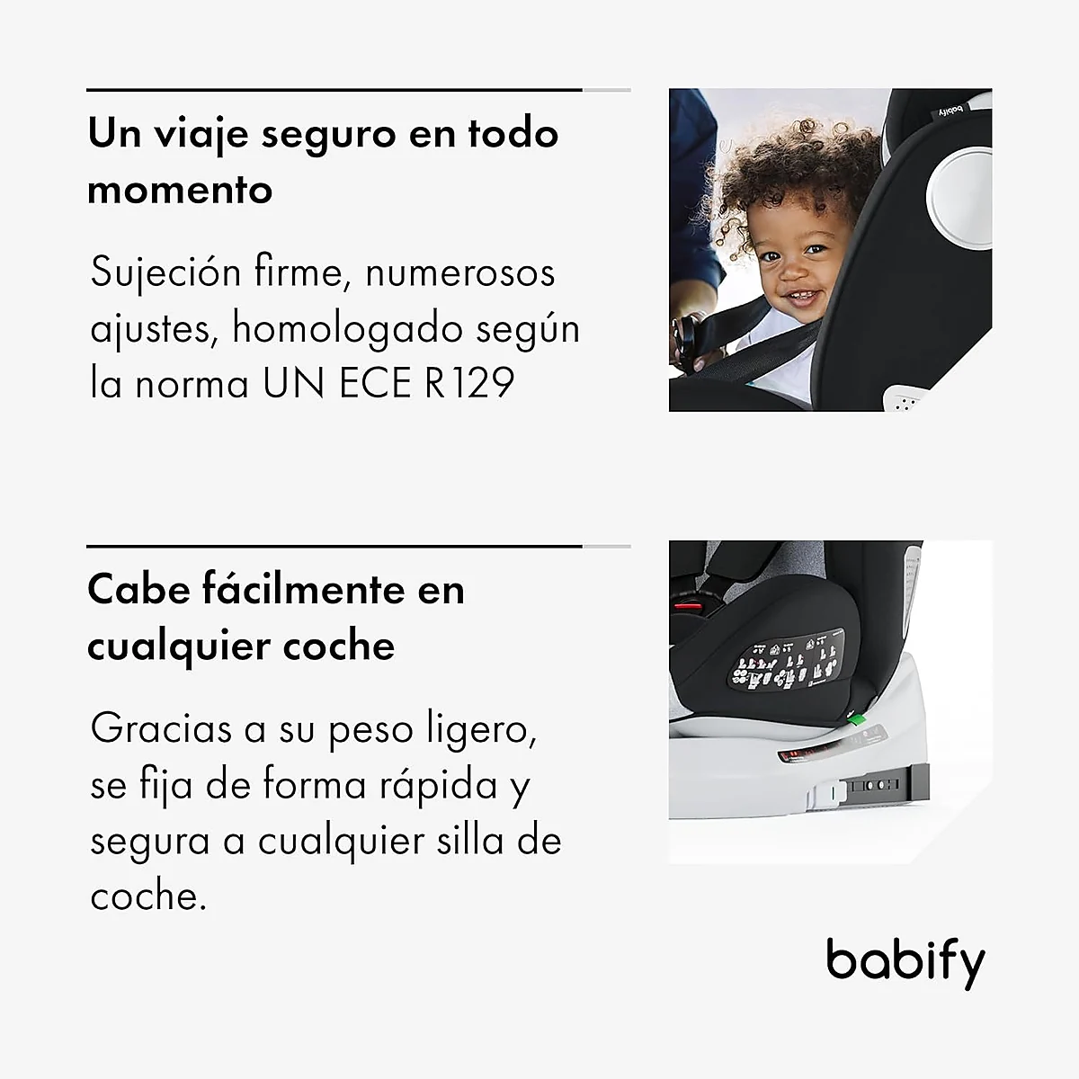 Babify Onboard 360 UN ECE R129 con instalación en coche y sujeción