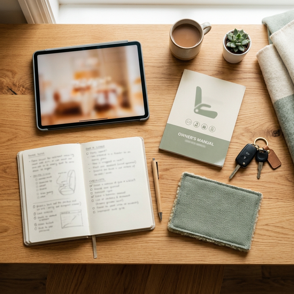 Mesa editorial con tablet, manuales y notas para revisar una silla antes de comprar
