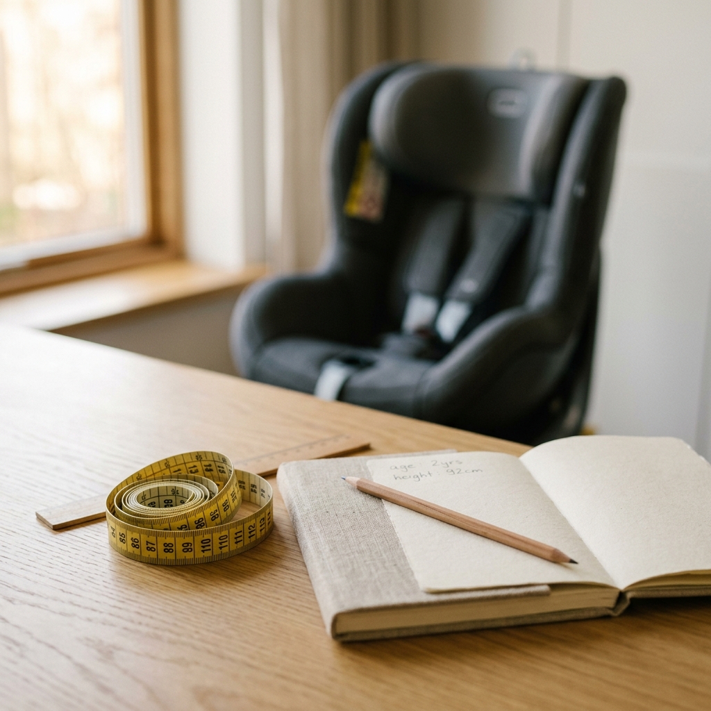 Cinta métrica y libreta junto a una silla infantil para revisar edad y altura