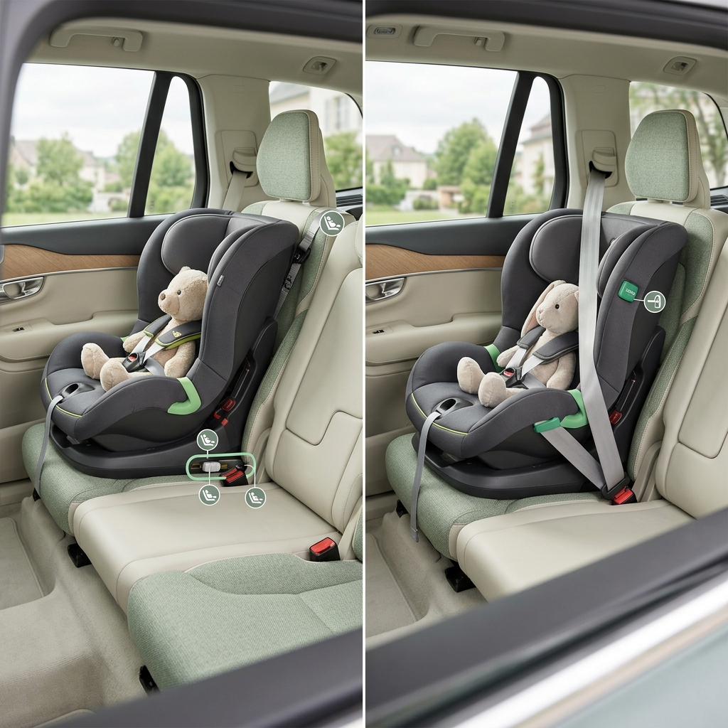 Comparativa visual entre instalación Isofix y cinturón en un coche familiar