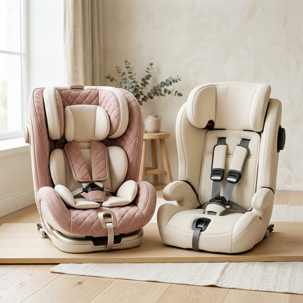 Dos sillas de coche infantiles comparando acabados premium y calidad-precio
