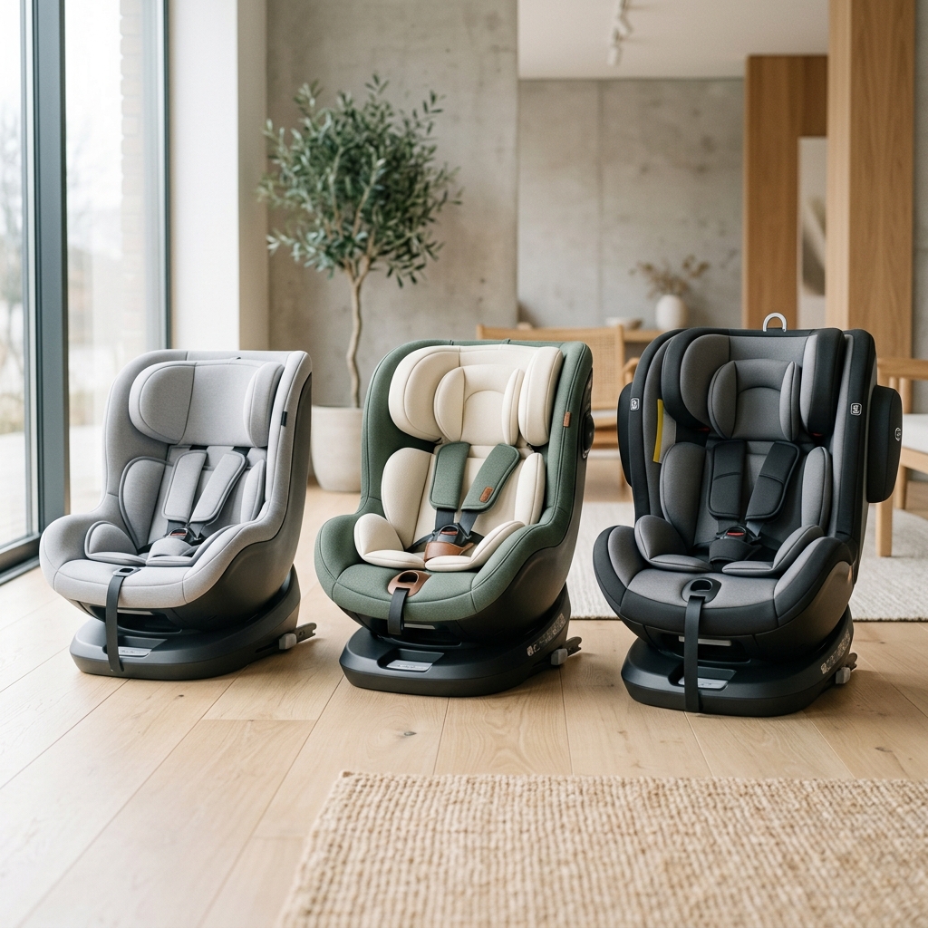 Tres sillas de coche giratorias comparadas en un showroom luminoso