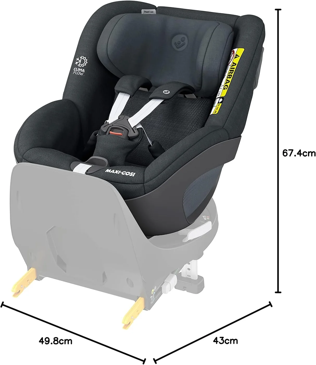 Maxi-Cosi Pearl 360 Pro con medidas y rango de uso 61 a 105 cm